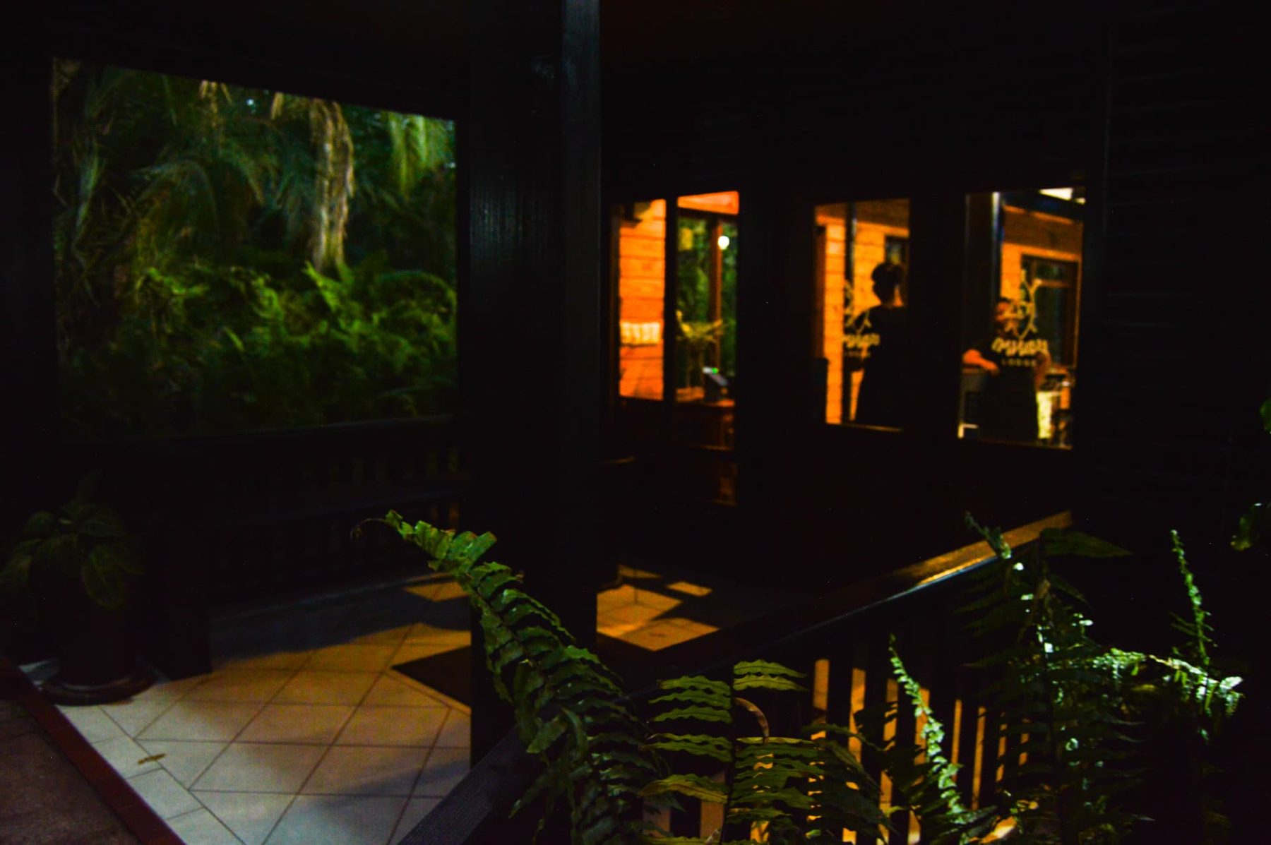 Warmly lit restaurant veranda at night